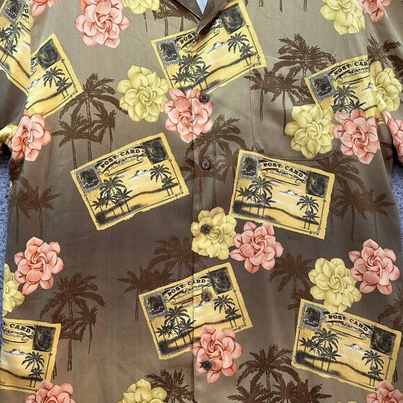 Tommy Bahama Men's Large 100% Silk Hawaiian Shirt Post Card Flower Design EUC - Picture 3 of 10